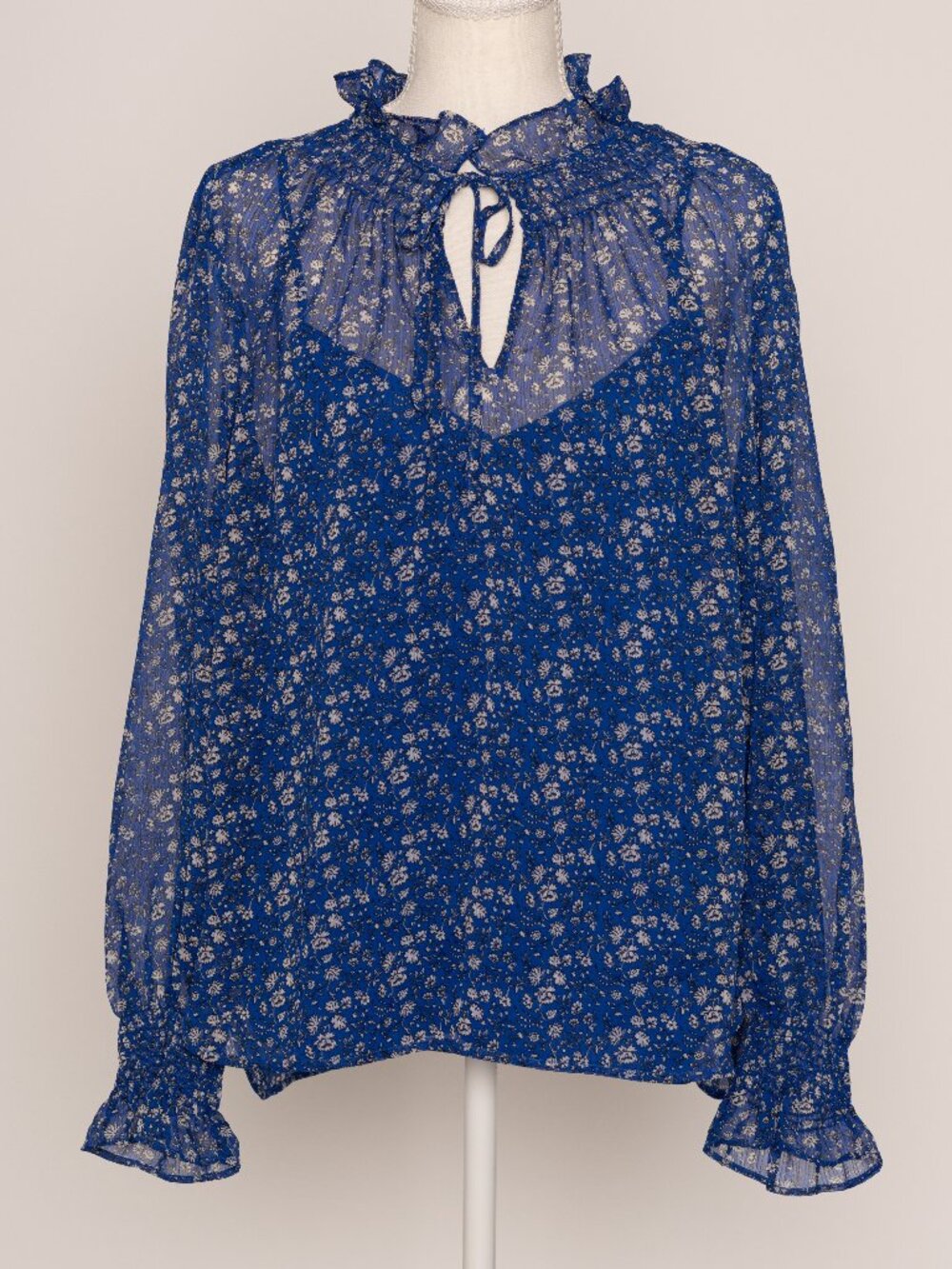 LOFT Blue Floral Ruffle Tie Neck Blouse Large EUC Romantic Coquette Rococo Flowy